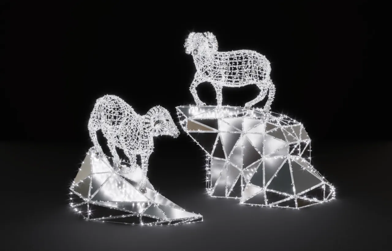 Custom-fabricated bighorn sheep light sculpture